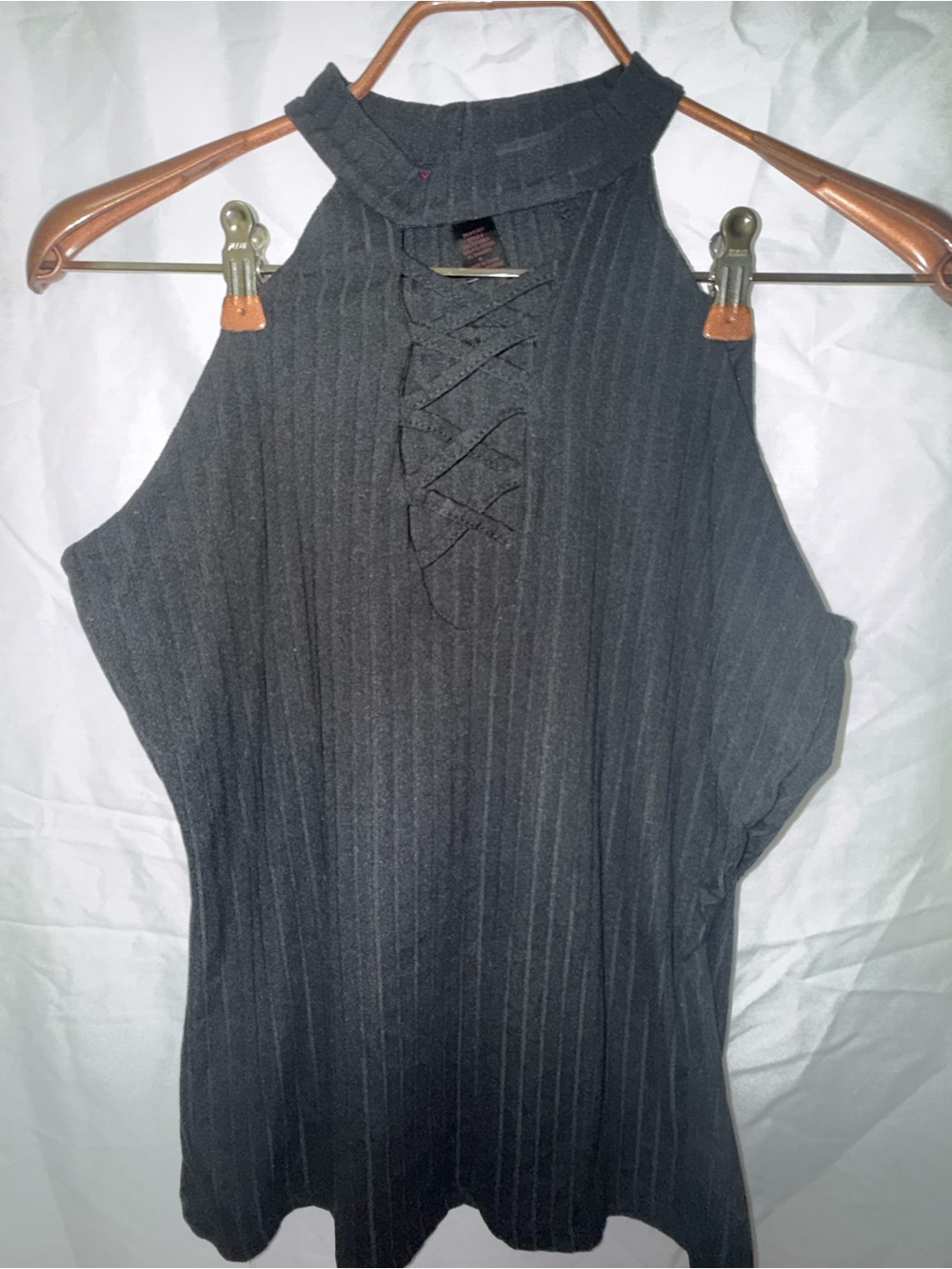 Hot Kiss Black Ribbed Halter Tank with Lace-Up Front